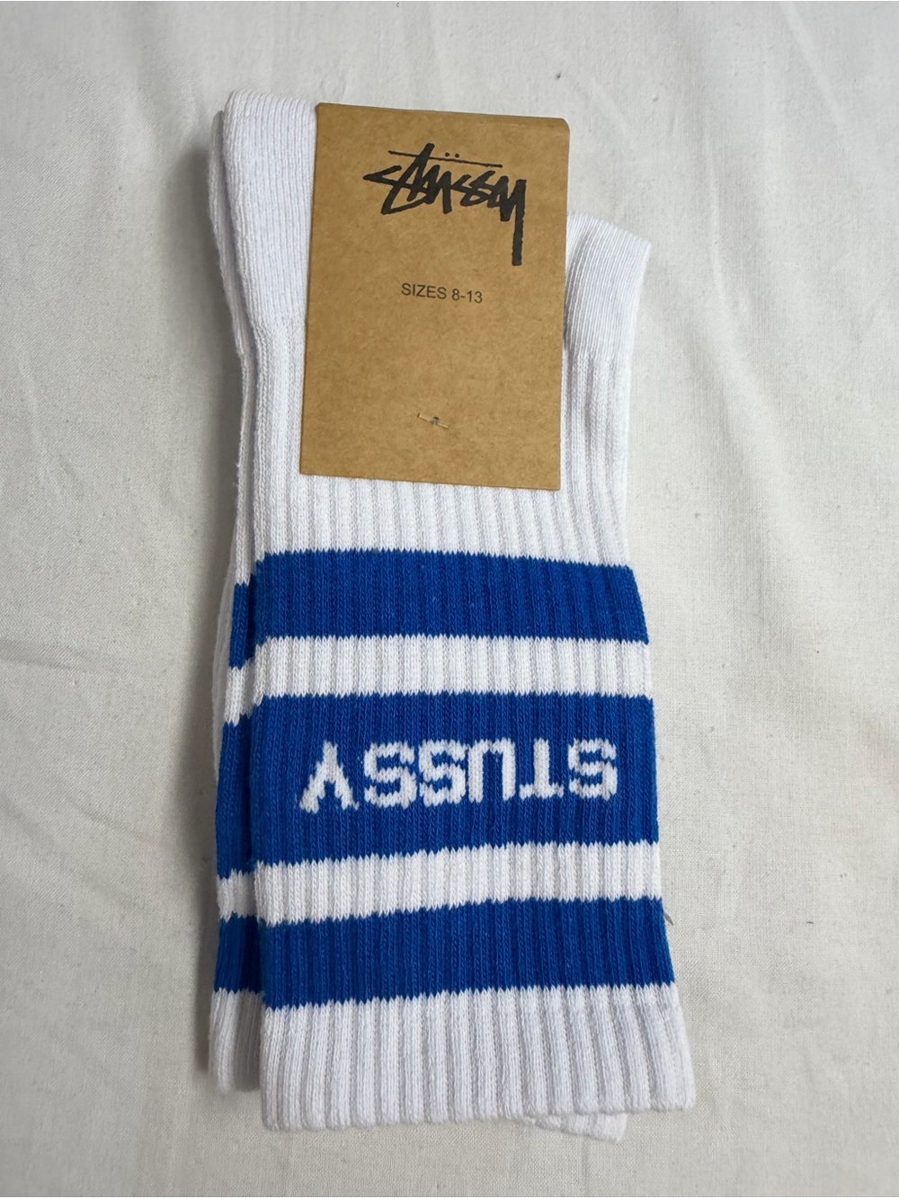 White & Blue Logo Crew Socks